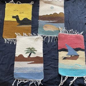 Vintage Kilim Handwoven Set Of 4 Wool Tapestries Wall Hangings. Desert. Ocean.